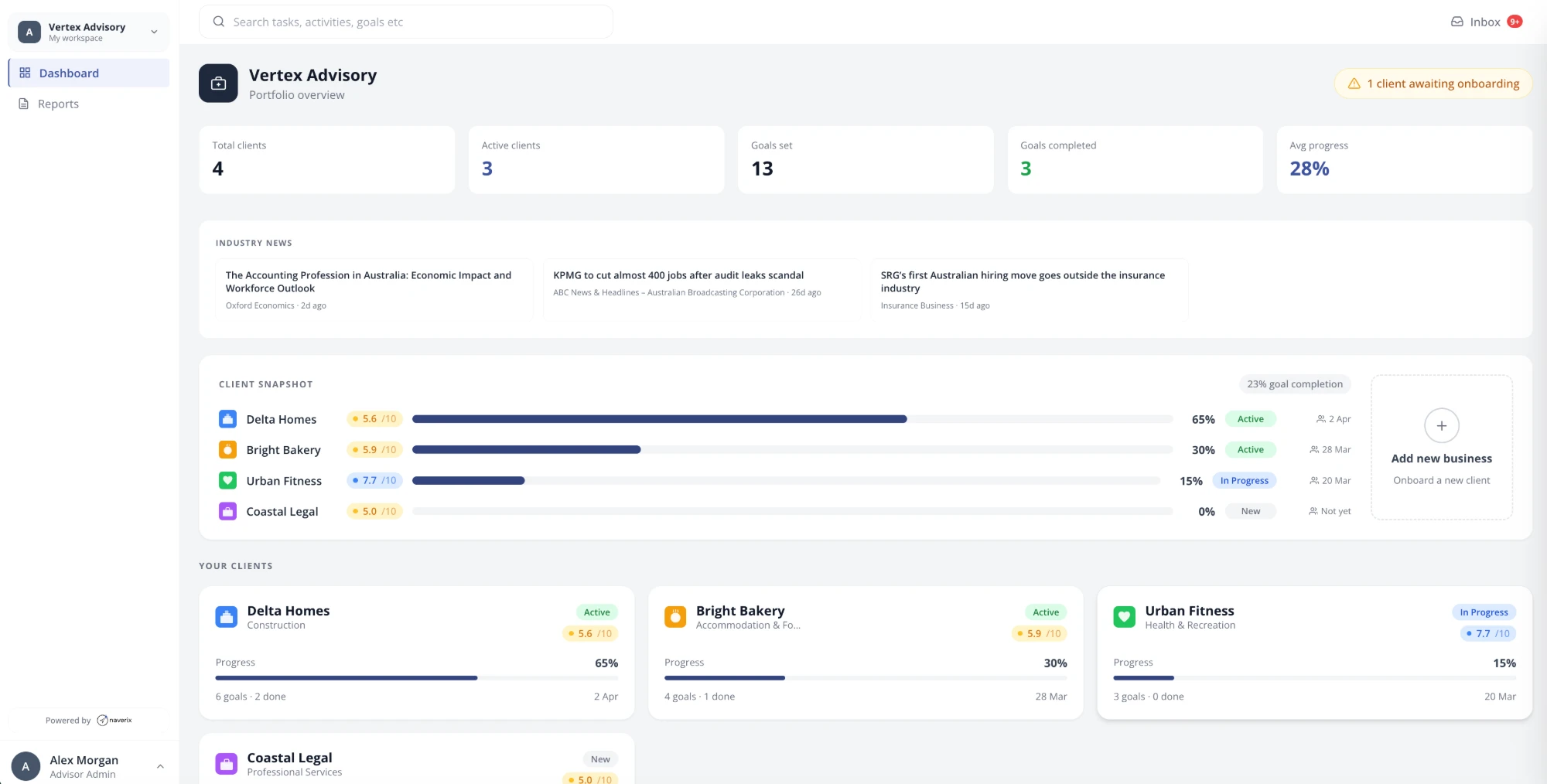 Naverix Vertex Advisory portfolio dashboard showing all clients, health scores, industry news and goal progress at a glance